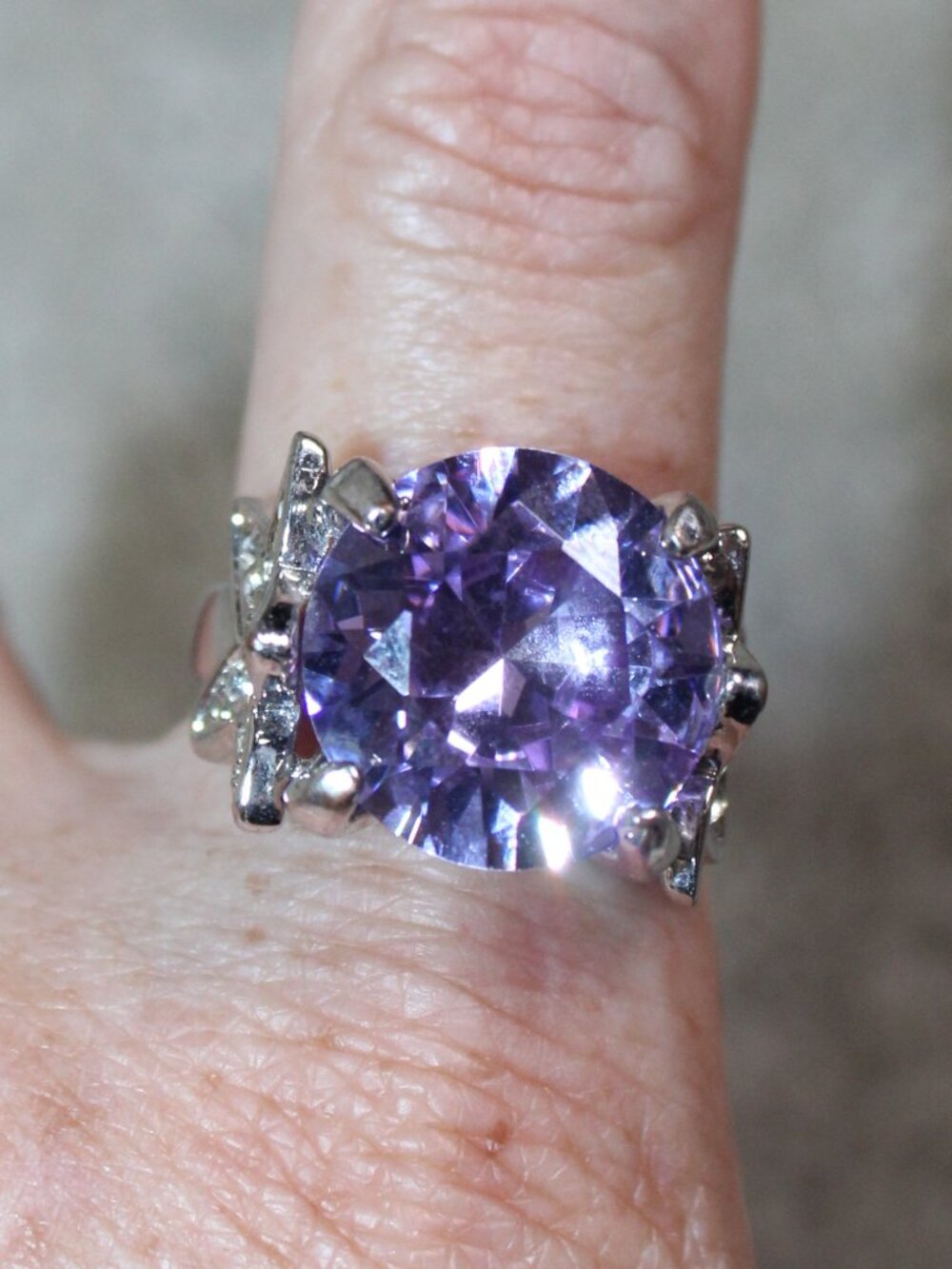 Silver-tone Size 8 Large Round Purple Faceted Crystal Cocktail Ring
